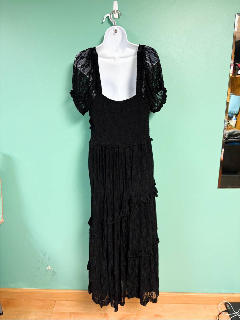 NWT AE American Eagle Mixed Knit Lace Bodice Midi Romper Dress Black Size L NEW - Picture 8 of 12